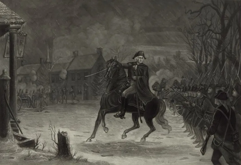 George Washington on horseback leading Continental forces during the Battle of Trenton.